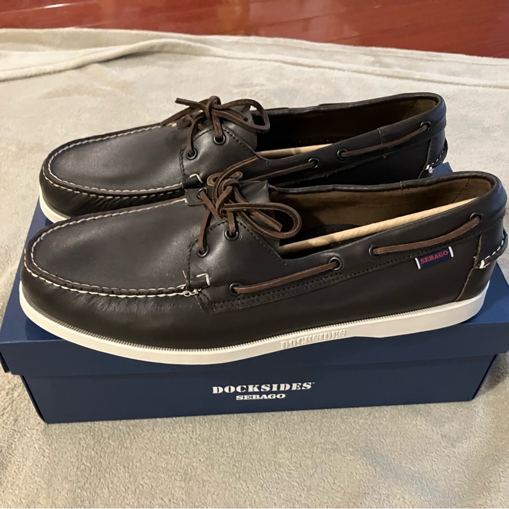 Sebago Brown Leather Boat Shoes with White Stitching